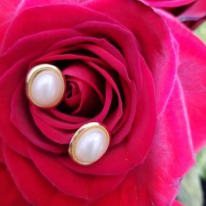 Vintage Faux Pearl Earrings with Gold Tone Trim